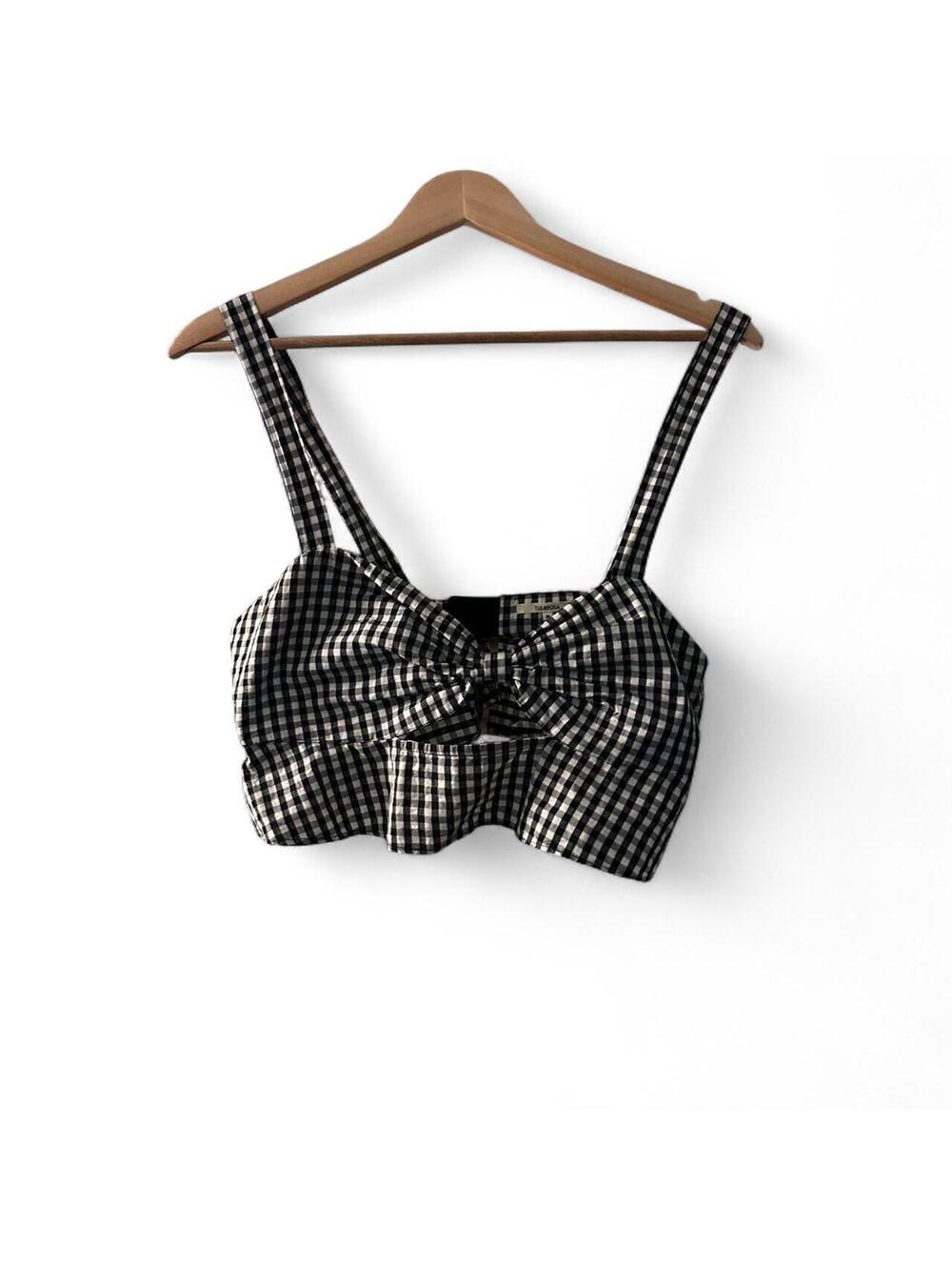Tularosa Rory Gingham Bow Crop Top Black Ivory M NWT $128